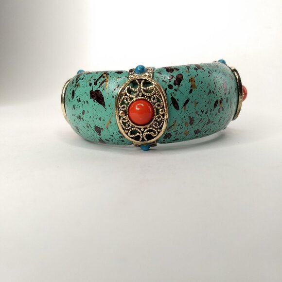 Silver Tone Metal Bead Turquoise Color Splatter Wide Bangle Bracelet Western - Picture 3 of 7